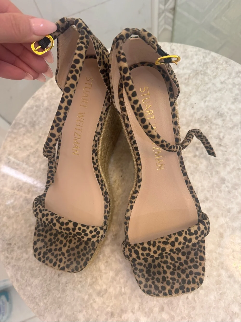 Stuart Weitzman Leopard Print Espadrille Wedge Sandals - Tan/Black